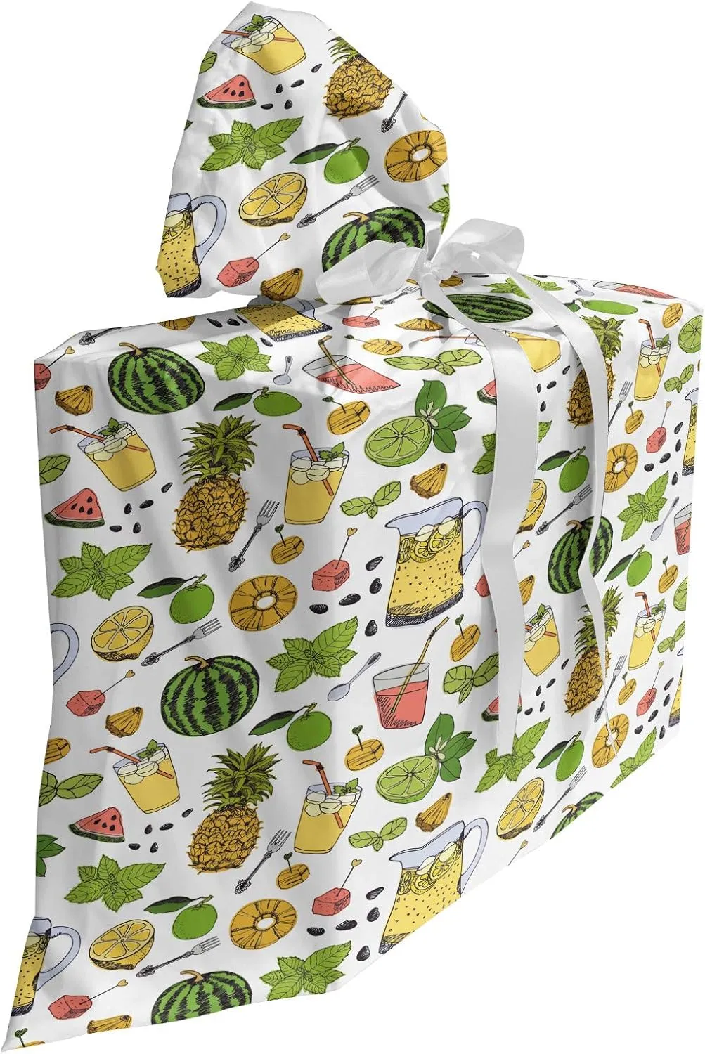 Ambesonne Tropical Fabric Gift Bag, Summer Holiday Pattern with Fruits and Cocktails Refreshments Juice and Drinks, Present Sack for Parties Birthdays with 3 Ribbons, 27, Multicolor