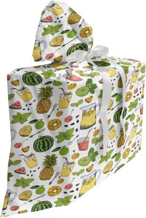 Ambesonne Tropical Fabric Gift Bag, Summer Holiday Pattern with Fruits and Cocktails Refreshments Juice and Drinks, Present Sack for Parties Birthdays with 3 Ribbons, 27, Multicolor