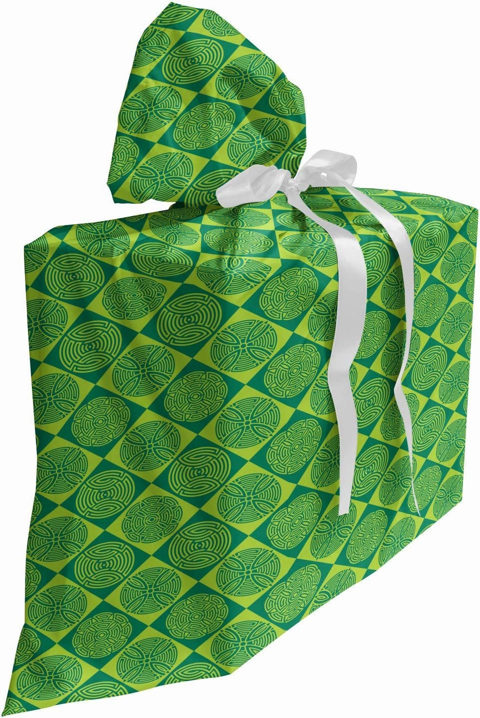 Ambesonne Abstract Gift Bag, Rhythmic Diagonal Squares Tribal Motifs in Mother Nature Tones Illustration, Fabric Party Favor Pouch with 3 Ribbons, 27, Jade Green