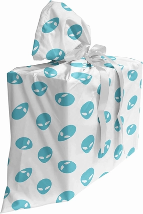 Ambesonne Alien Gift Bag, Portrait of Visitors from Above Invader of Worlds Abstract Humanoid Head Pattern, Fabric Party Favor Pouch with 3 Ribbons, 27, Blue White