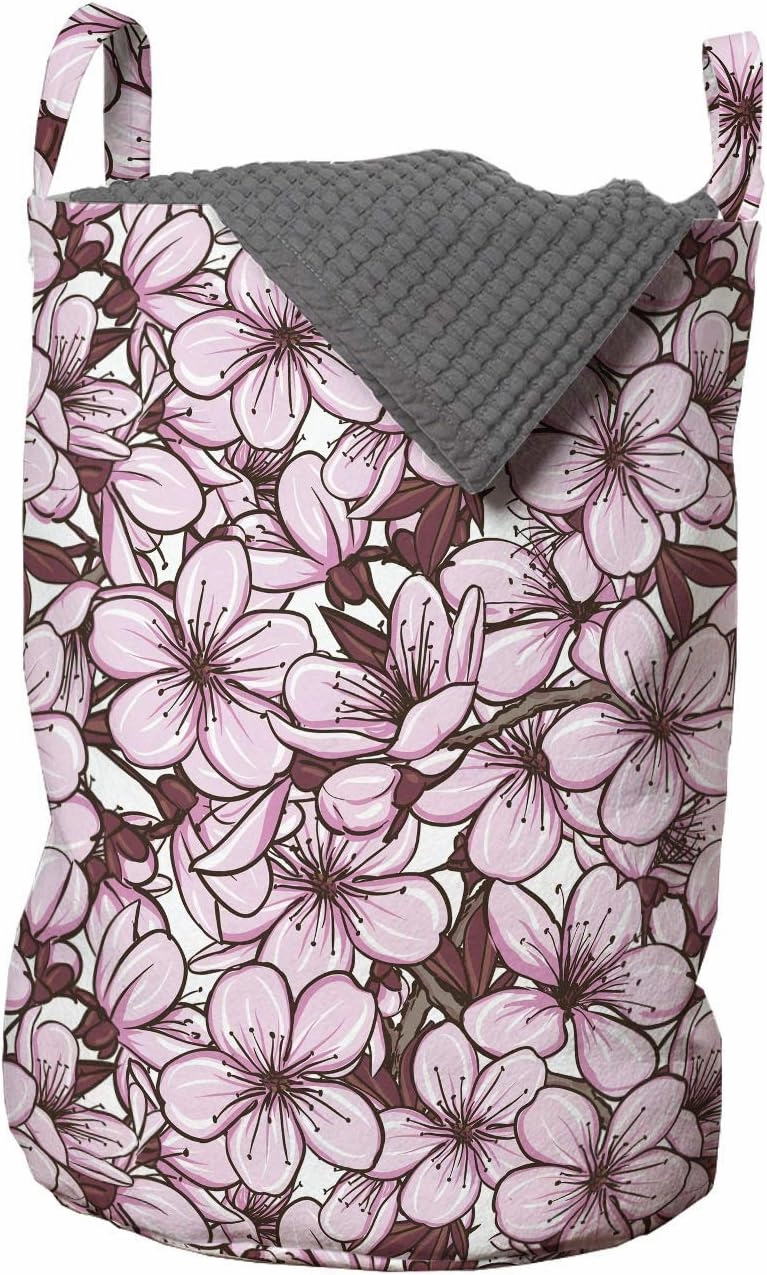 Ambesonne Almond Blossom Laundry Bag, Ornamental Arrangement with Blooming Cherry Flowers Japan, Hamper Basket with Handles Drawstring Closure for Laundromats, 13" x 19", Dried Rose Pale Pink