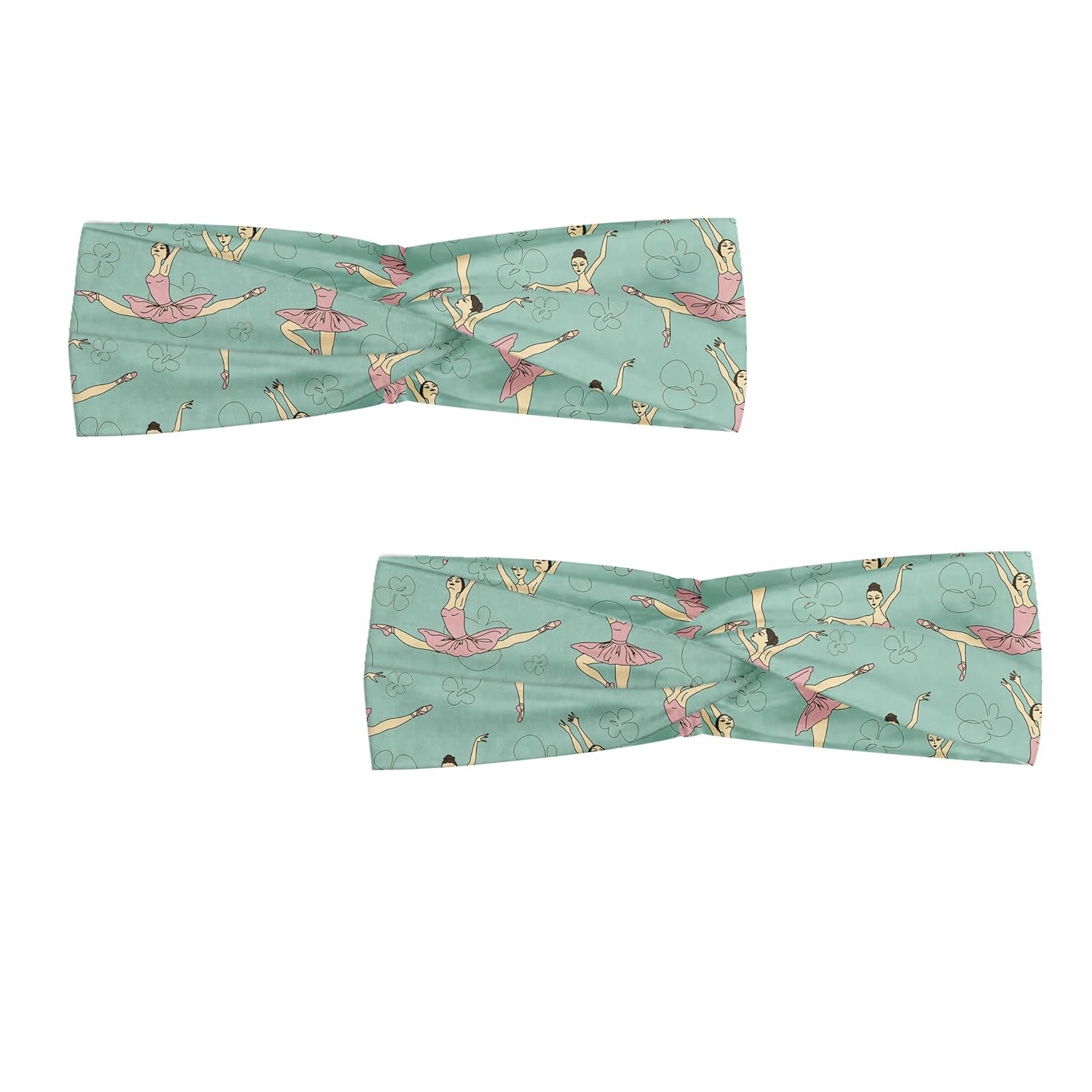 Ambesonne Ballet Headband Set of 2, Ballerinas Dancing in Various Poses Fine Arts Theme Theatrical Activity, Knotted Elastic Hair Band Accessory for Women Everyday Use, M-L, Seafoam Pale Pink Cream