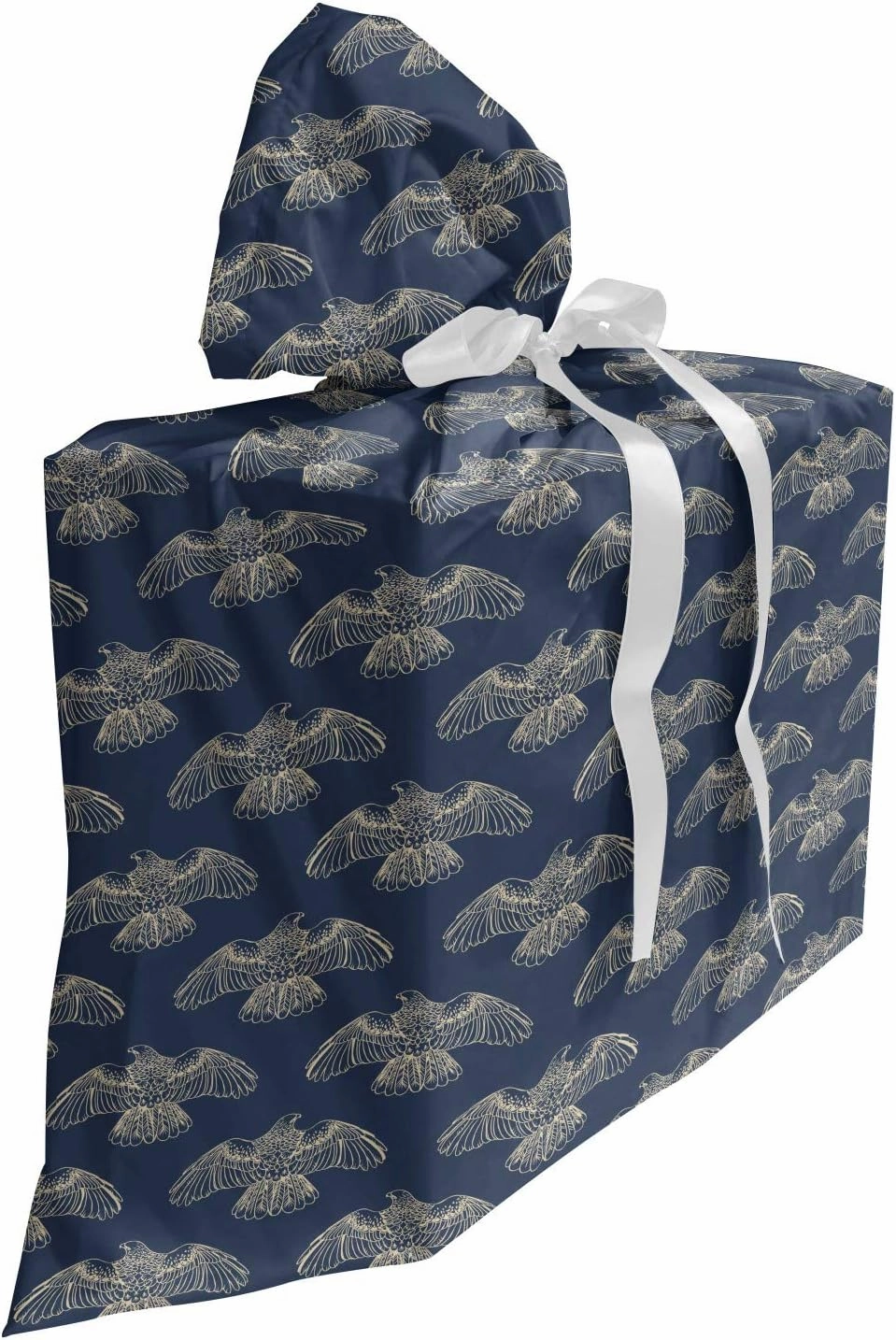 Ambesonne Birds Fabric Gift Bag, Pattern of Soaring Bird of Prey Outline Drawings Freedom, Present Sack for Parties Birthdays with 3 Ribbons, 27, Slate Blue Mustard