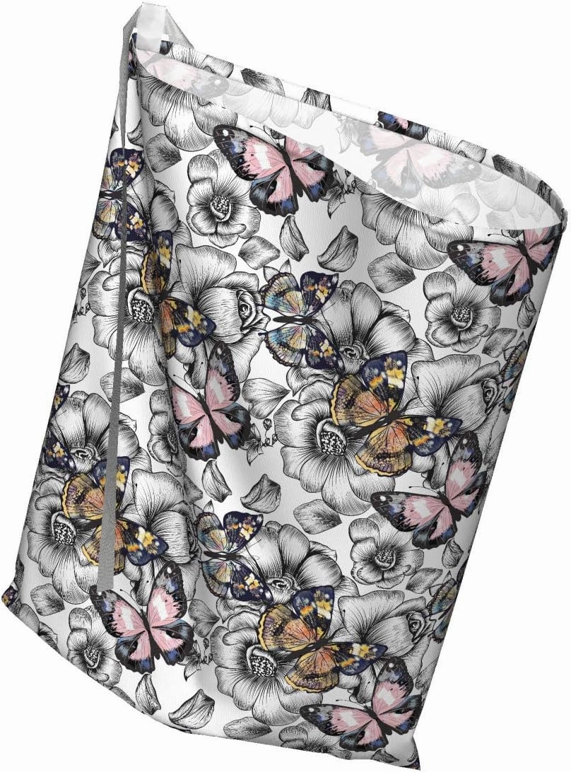 Ambesonne Butterfly Fabric Gift Bag, Monarch Butterflies on Hand Drawn Flowers Nostalgic Retro Style Pattern, Present Sack for Parties Birthdays with 3 Ribbons, 27, Multicolor