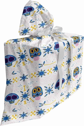 Ambesonne Cinco de Mayo Fabric Gift Bag, Cultural Sugar Skulls Bones and Flowers Pattern, Present Sack for Parties Birthdays with 3 Ribbons, 27, Azure Blue Multicolor