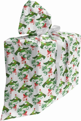 Ambesonne Green Xmas Fabric Gift Bag, Ornamental Numerous Continuous Feathery Fabulous Bird Animal Composition, Present Sack for Parties Birthdays with 3 Ribbons, 27, White Vermilion
