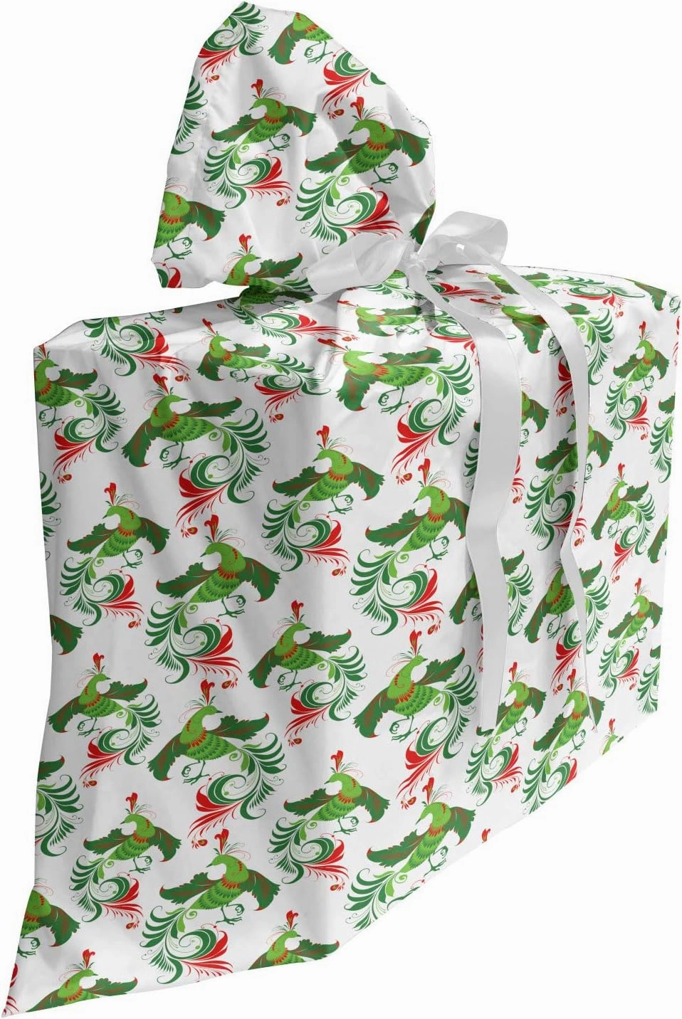 Ambesonne Green Xmas Fabric Gift Bag, Ornamental Numerous Continuous Feathery Fabulous Bird Animal Composition, Present Sack for Parties Birthdays with 3 Ribbons, 27, White Vermilion