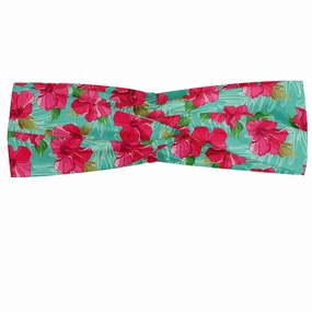 Ambesonne Hawaiian Headband Set of 2, Botanical Garden Pattern with Pink Hibiscus Blossoms Aloha Nature, Knotted Elastic Hair Band Accessory for Women Everyday Use, M-L, Magenta Seafoam