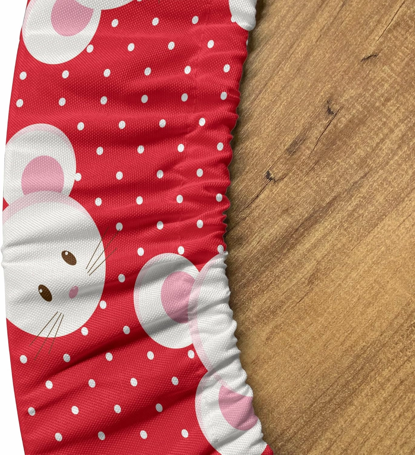 Ambesonne Mouse Fitted Round Tablecloth, Pattern with Cartoon Animal on Warm Polka Dots 's Layout, All Around Elastic Fabric Table Cover, 56"- 60" Diameter, Dark Pink and White
