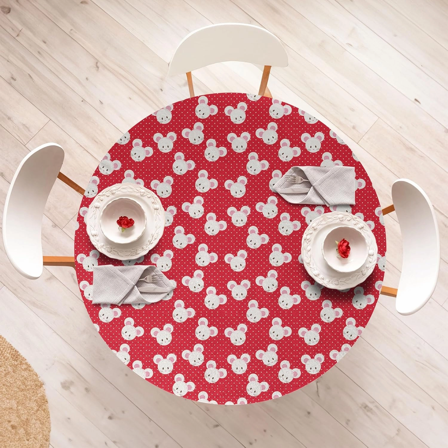 Ambesonne Mouse Fitted Round Tablecloth, Pattern with Cartoon Animal on Warm Polka Dots 's Layout, All Around Elastic Fabric Table Cover, 56"- 60" Diameter, Dark Pink and White
