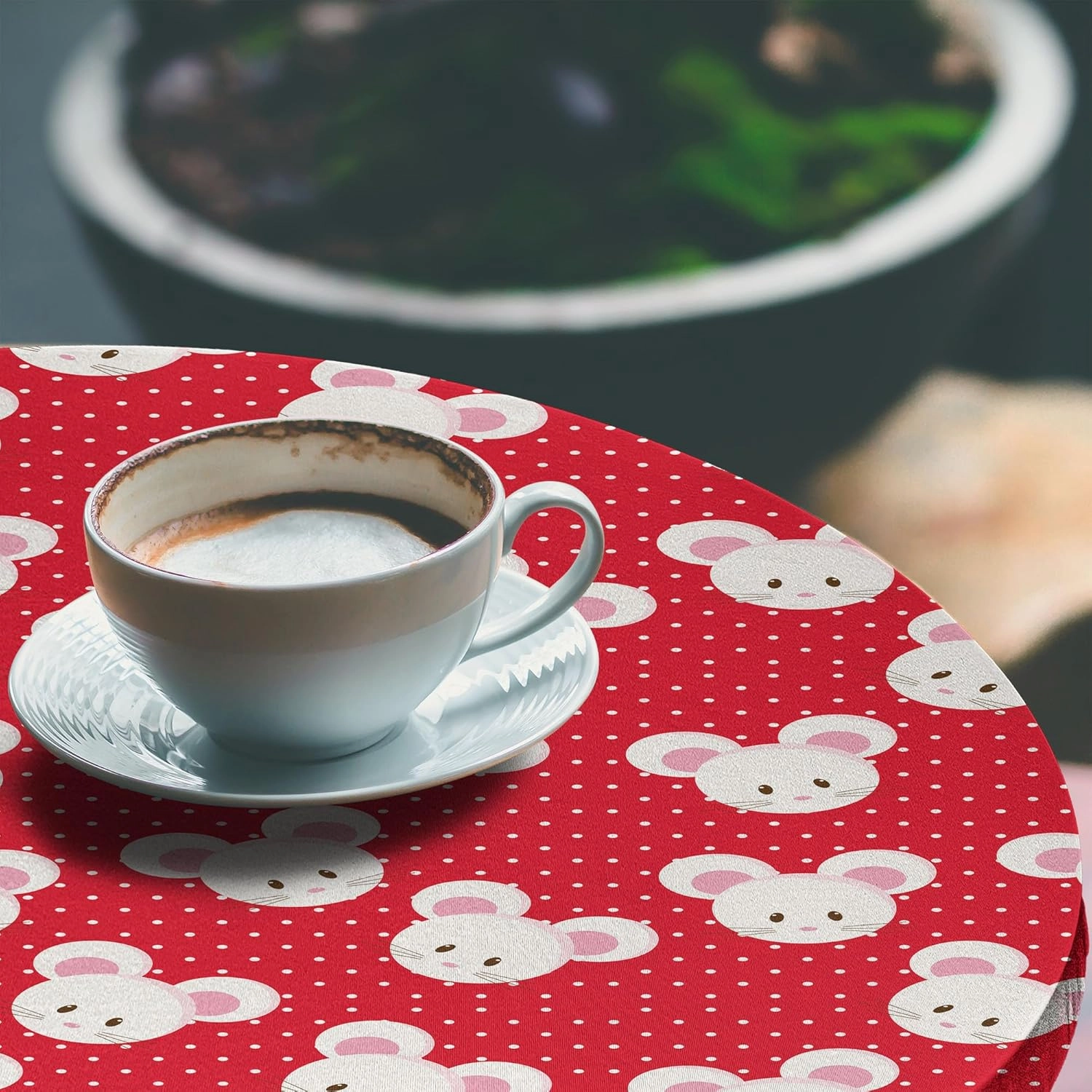 Ambesonne Mouse Fitted Round Tablecloth, Pattern with Cartoon Animal on Warm Polka Dots 's Layout, All Around Elastic Fabric Table Cover, 56"- 60" Diameter, Dark Pink and White