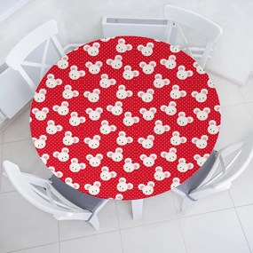 Ambesonne Mouse Fitted Round Tablecloth, Pattern with Cartoon Animal on Warm Polka Dots 's Layout, All Around Elastic Fabric Table Cover, 56"- 60" Diameter, Dark Pink and White