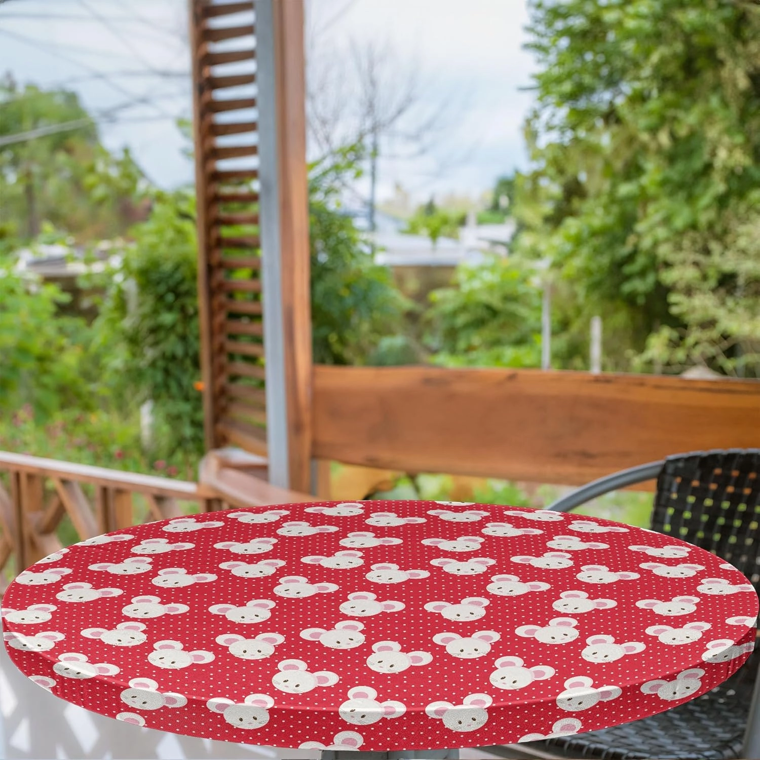 Ambesonne Mouse Fitted Round Tablecloth, Pattern with Cartoon Animal on Warm Polka Dots 's Layout, All Around Elastic Fabric Table Cover, 56"- 60" Diameter, Dark Pink and White