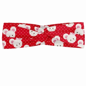 Ambesonne Mouse Headband for Women, Pattern with Cartoon Animal on Warm Polka Dots 's Layout, Elastic Comfy Hair Accessory Knotted Head Wrap Everyday Use, M-L, Dark Pink and White