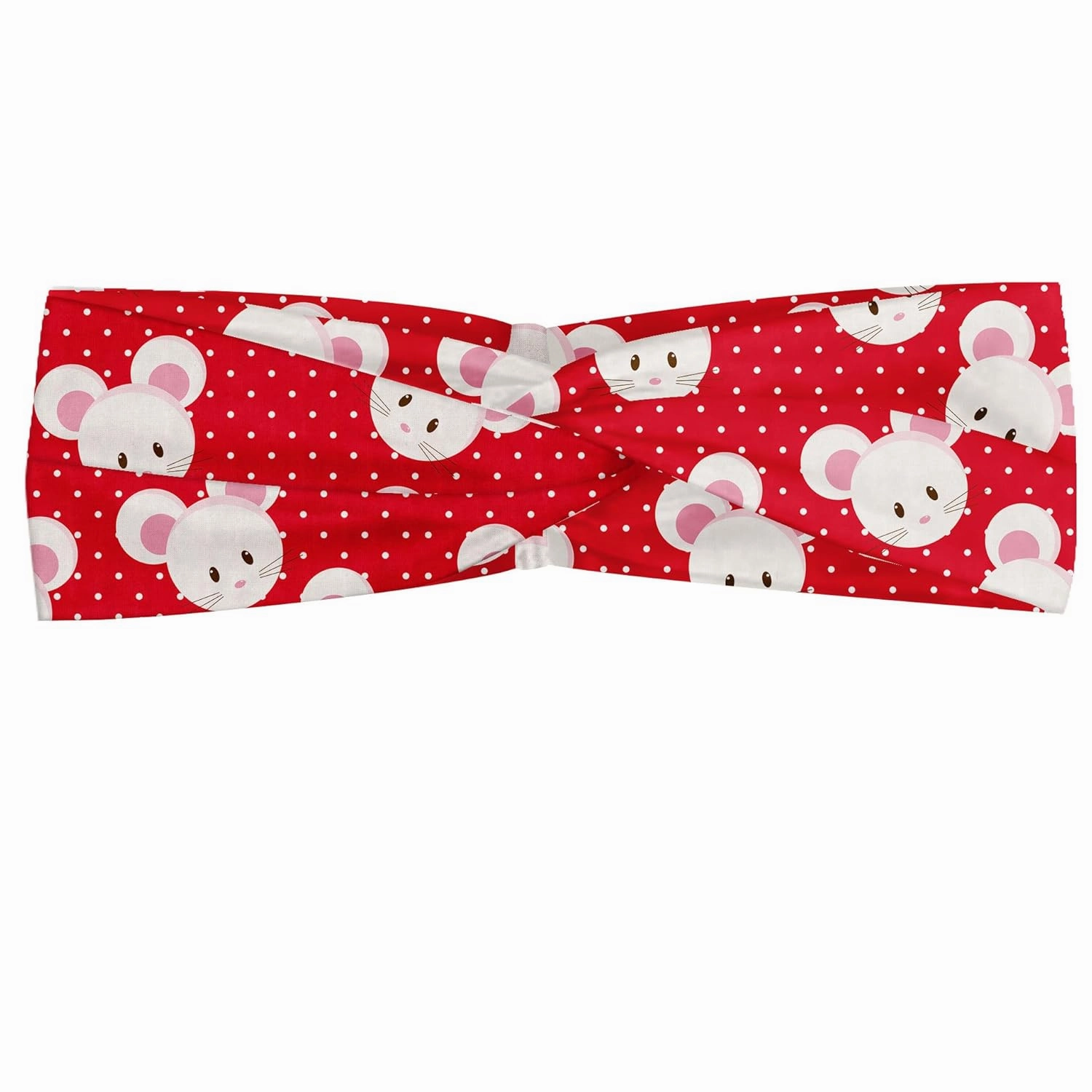 Ambesonne Mouse Headband for Women, Pattern with Cartoon Animal on Warm Polka Dots 's Layout, Elastic Comfy Hair Accessory Knotted Head Wrap Everyday Use, M-L, Dark Pink and White