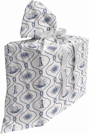 Ambesonne Nautical Gift Bag, Anchor Vintage Ship Ogee Lighthouse Wind Rose Sailing Boat Gulls Pattern, Fabric Party Favor Pouch with 3 Ribbons, 27, Indigo Eggshell