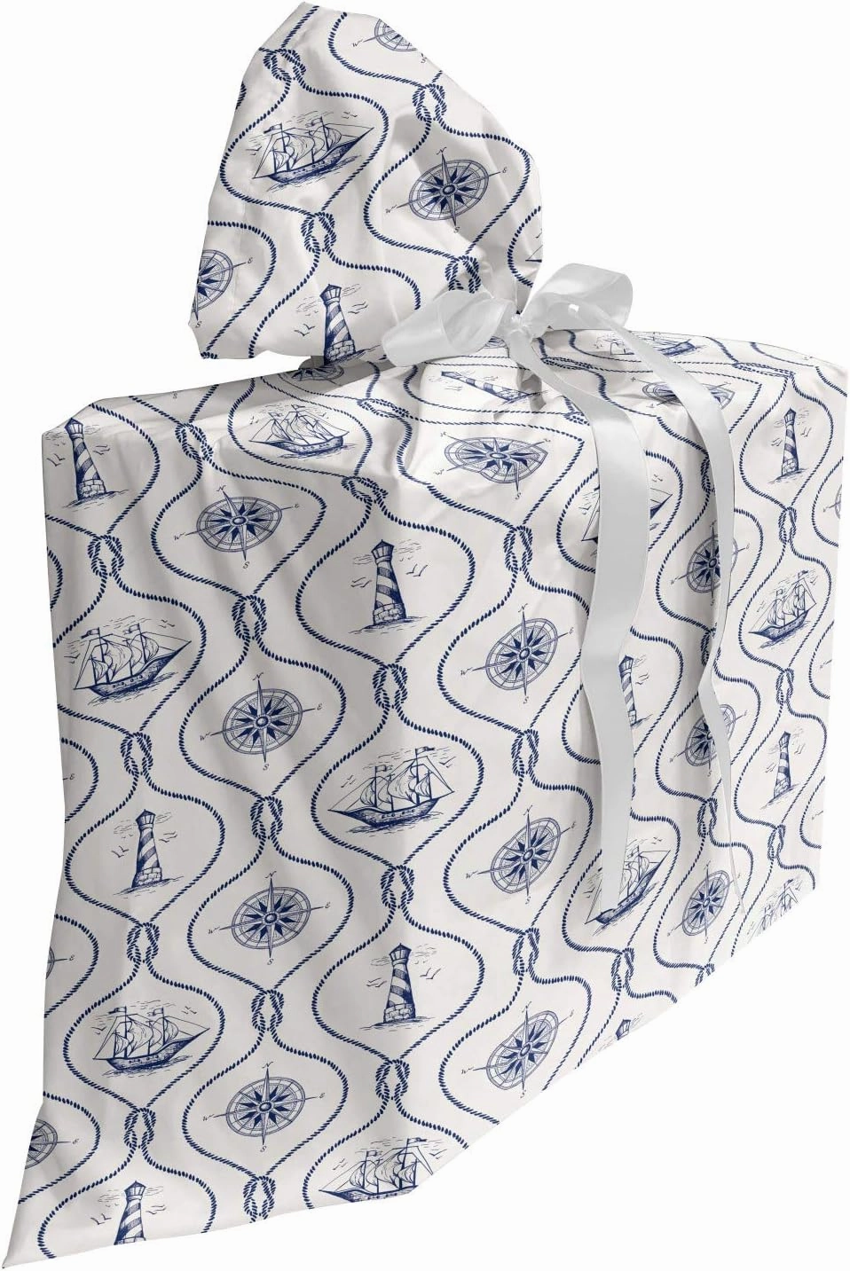 Ambesonne Nautical Gift Bag, Anchor Vintage Ship Ogee Lighthouse Wind Rose Sailing Boat Gulls Pattern, Fabric Party Favor Pouch with 3 Ribbons, 27, Indigo Eggshell