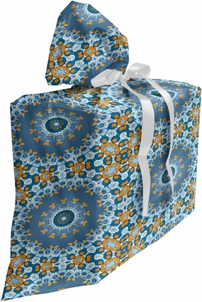 Ambesonne Orange Mandala Fabric Gift Bag, Flourish Oriental Fractal Inspired Ornament Eastern Culture, Present Sack for Parties Birthdays with 3 Ribbons, 27, Slate Blue and Marigold