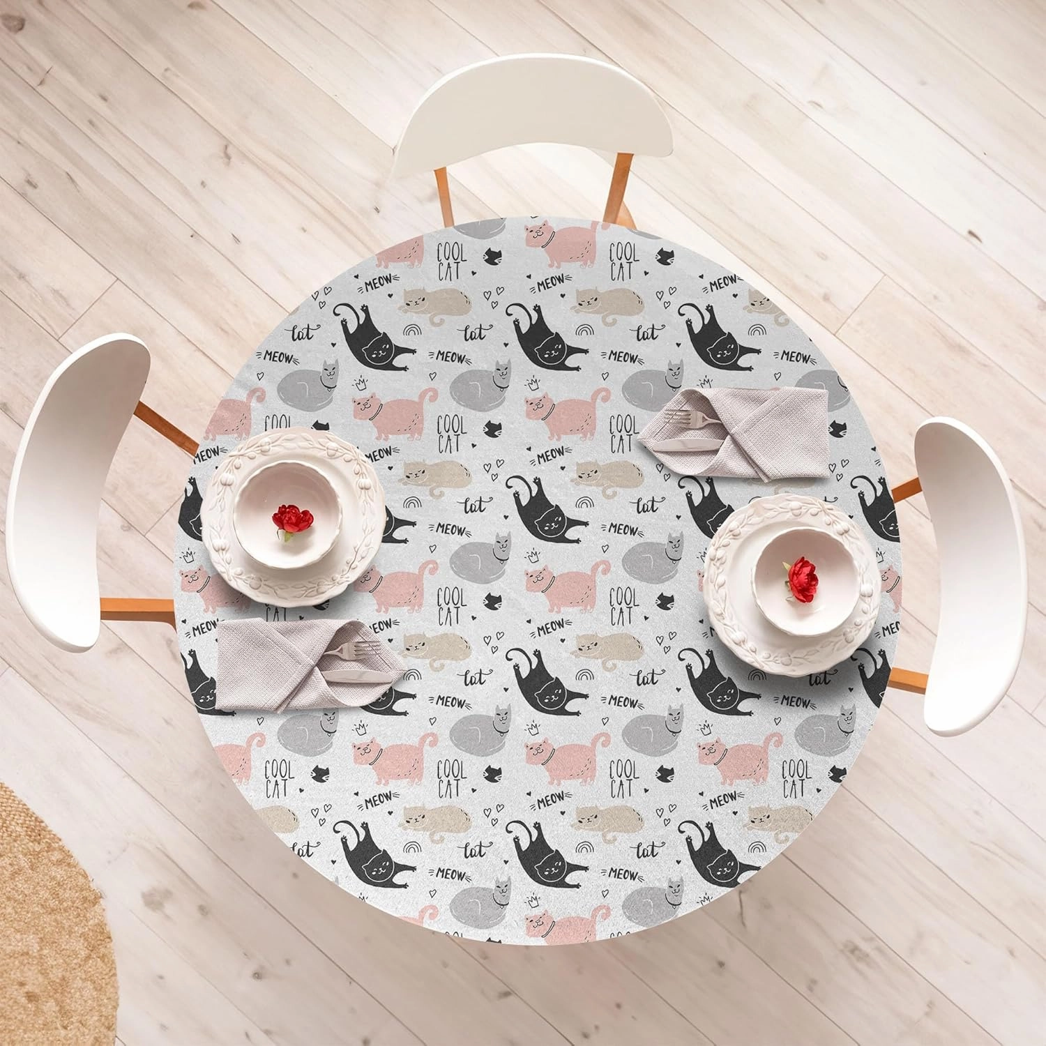 Ambesonne Pets Fitted Round Tablecloth, Playful Cool Cat Meow Animals Doodle with Hearts Love My Kitty, All Around Elastic Fabric Table Cover, 56"- 60" Diameter, Beige Pale Pink