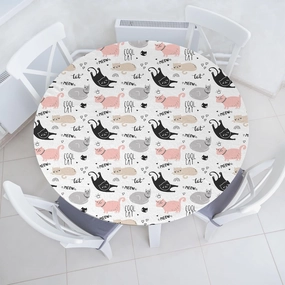 Ambesonne Pets Fitted Round Tablecloth, Playful Cool Cat Meow Animals Doodle with Hearts Love My Kitty, All Around Elastic Fabric Table Cover, 56"- 60" Diameter, Beige Pale Pink