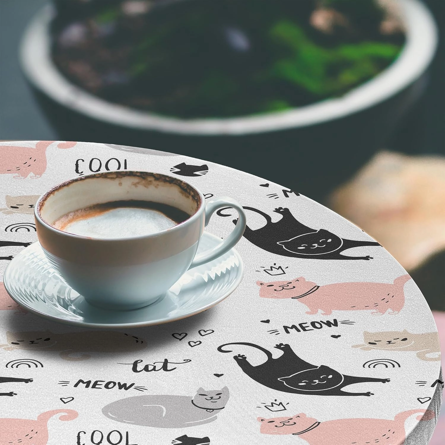 Ambesonne Pets Fitted Round Tablecloth, Playful Cool Cat Meow Animals Doodle with Hearts Love My Kitty, All Around Elastic Fabric Table Cover, 56"- 60" Diameter, Beige Pale Pink