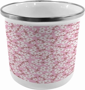Ambesonne Pink and White Steel Camping Mug, Cheery Bedding Plants Bursting Out into White Blossoms Calico Style, Printed Thermal Cup for Camping and Outdoor Activities, Pink Brown White