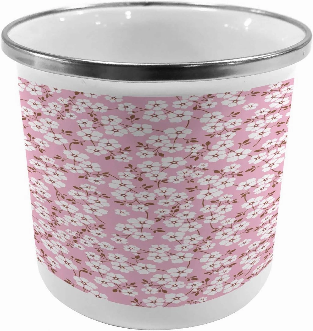 Ambesonne Pink and White Steel Camping Mug, Cheery Bedding Plants Bursting Out into White Blossoms Calico Style, Printed Thermal Cup for Camping and Outdoor Activities, Pink Brown White
