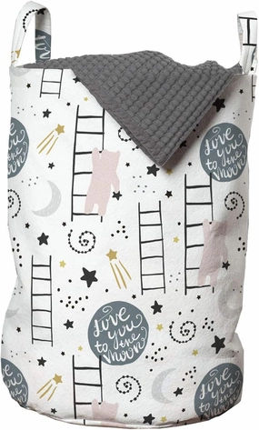 Ambesonne Scandinavian Laundry Bag, Style Cartoon Scene with Bear and Stars Love You to The Moon Words, Hamper Basket with Handles Drawstring Closure for Laundromats, 13" x 19", Pink Multicolor