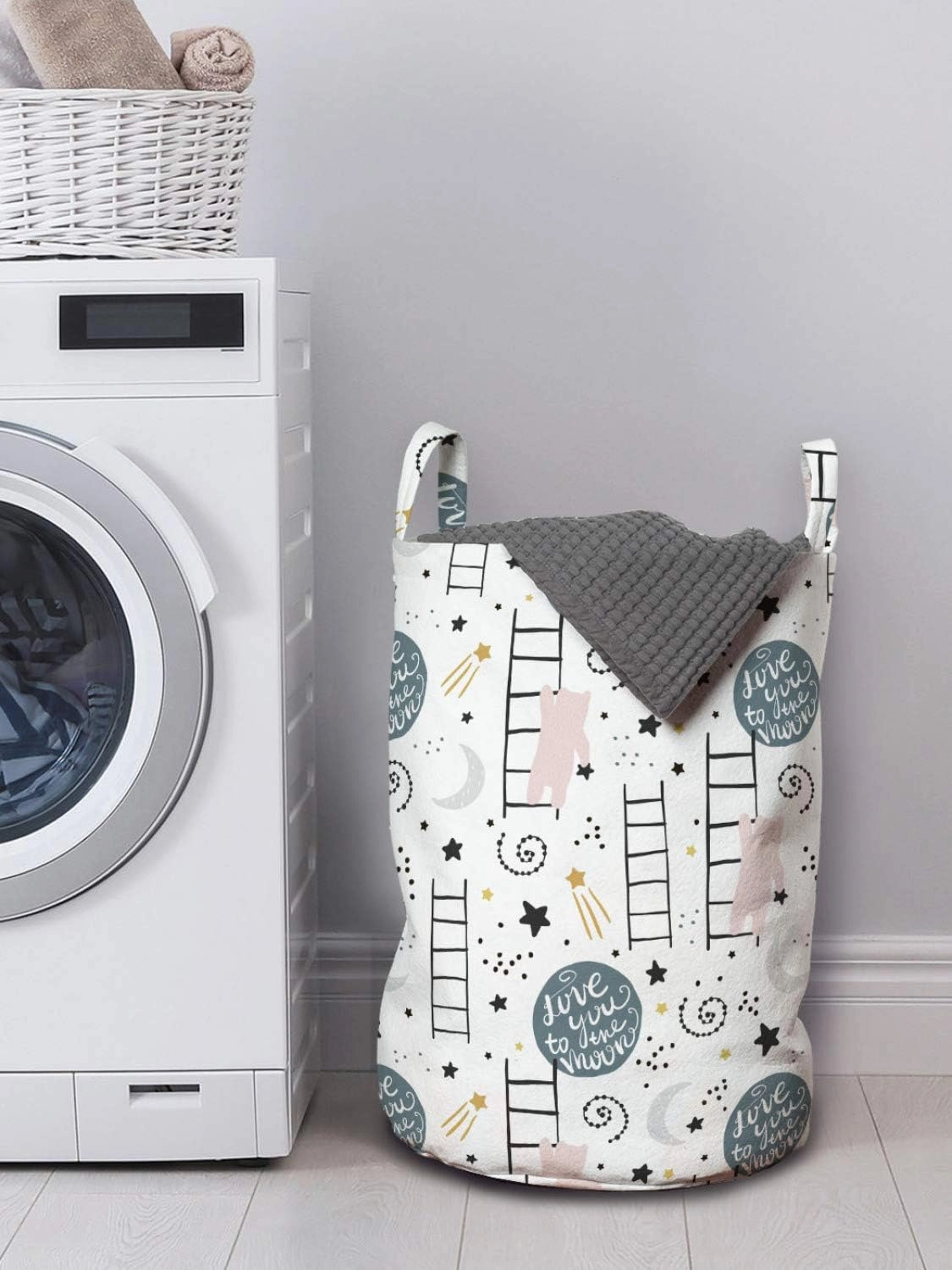 Ambesonne Scandinavian Laundry Bag, Style Cartoon Scene with Bear and Stars Love You to The Moon Words, Hamper Basket with Handles Drawstring Closure for Laundromats, 13" x 19", Pink Multicolor