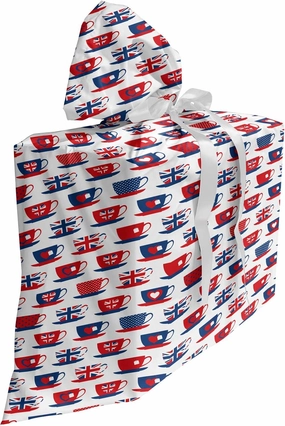 Ambesonne Tea Party Fabric Gift Bag, Britain Themed Teacup Forms Patterned Union Jack Hearts Flags, Present Sack for Parties Birthdays with 3 Ribbons, 27, Vermilion Night Blue