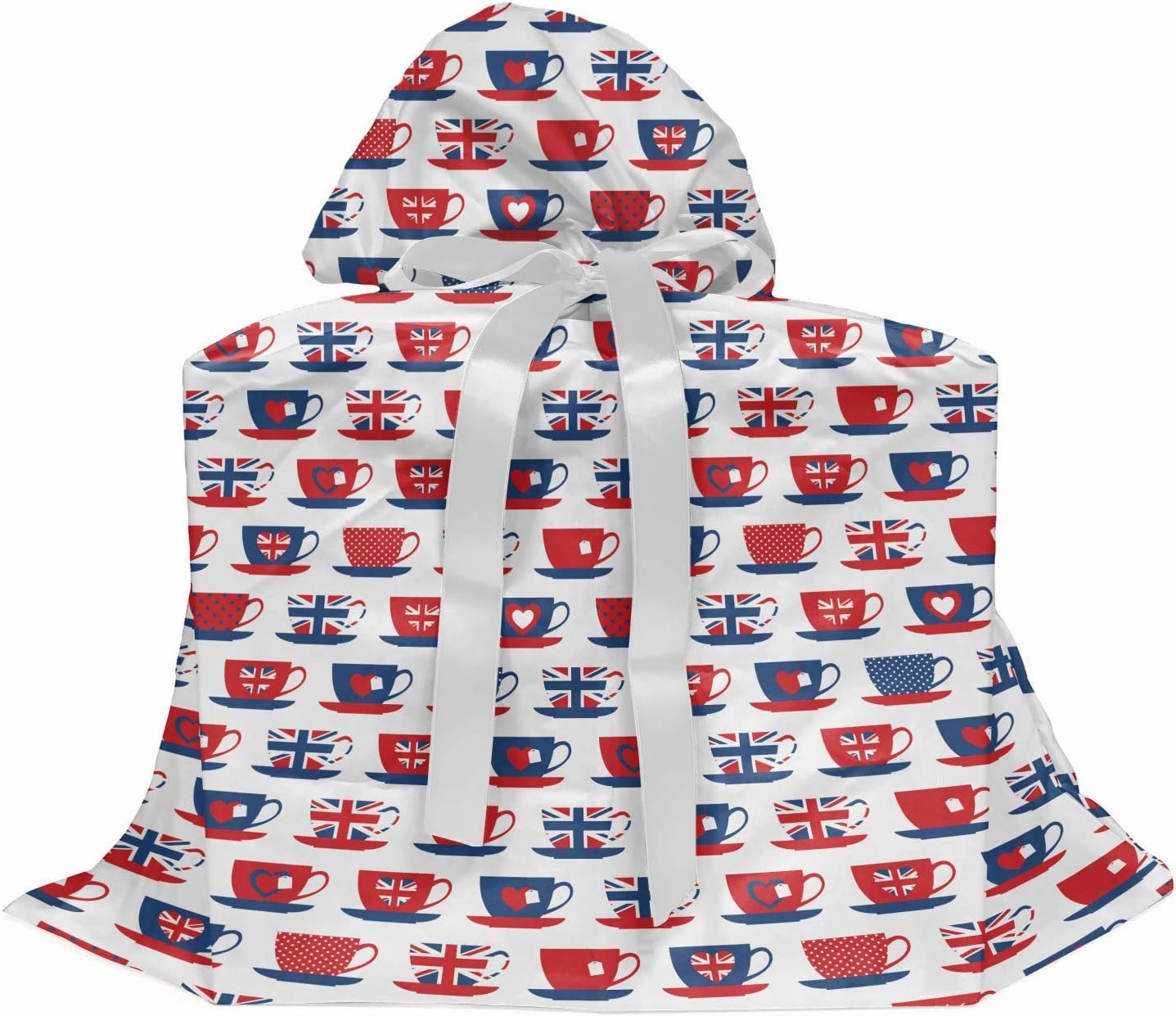 Ambesonne Tea Party Fabric Gift Bag, Britain Themed Teacup Forms Patterned Union Jack Hearts Flags, Present Sack for Parties Birthdays with 3 Ribbons, 27, Vermilion Night Blue