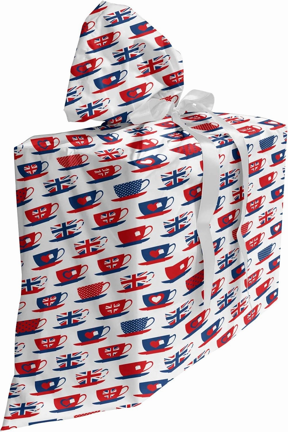 Ambesonne Tea Party Fabric Gift Bag, Britain Themed Teacup Forms Patterned Union Jack Hearts Flags, Present Sack for Parties Birthdays with 3 Ribbons, 27, Vermilion Night Blue