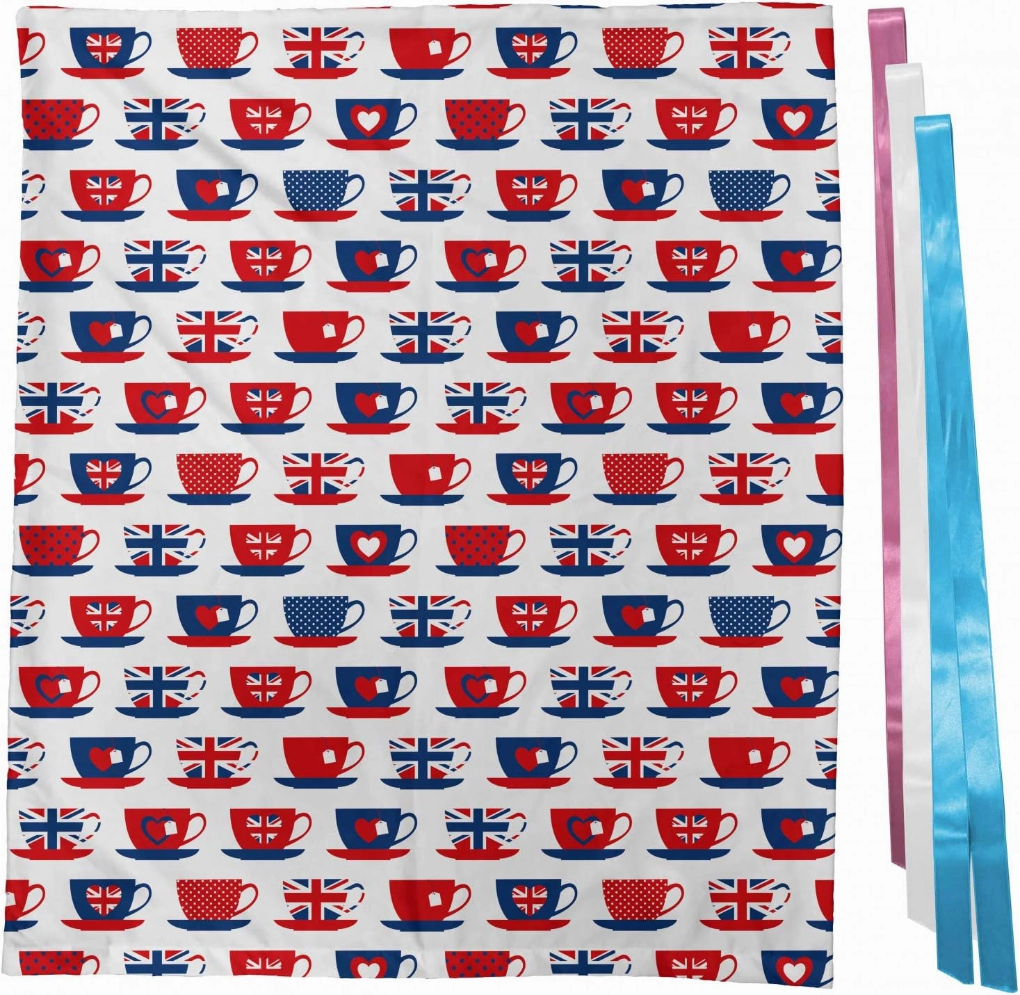Ambesonne Tea Party Fabric Gift Bag, Britain Themed Teacup Forms Patterned Union Jack Hearts Flags, Present Sack for Parties Birthdays with 3 Ribbons, 27, Vermilion Night Blue