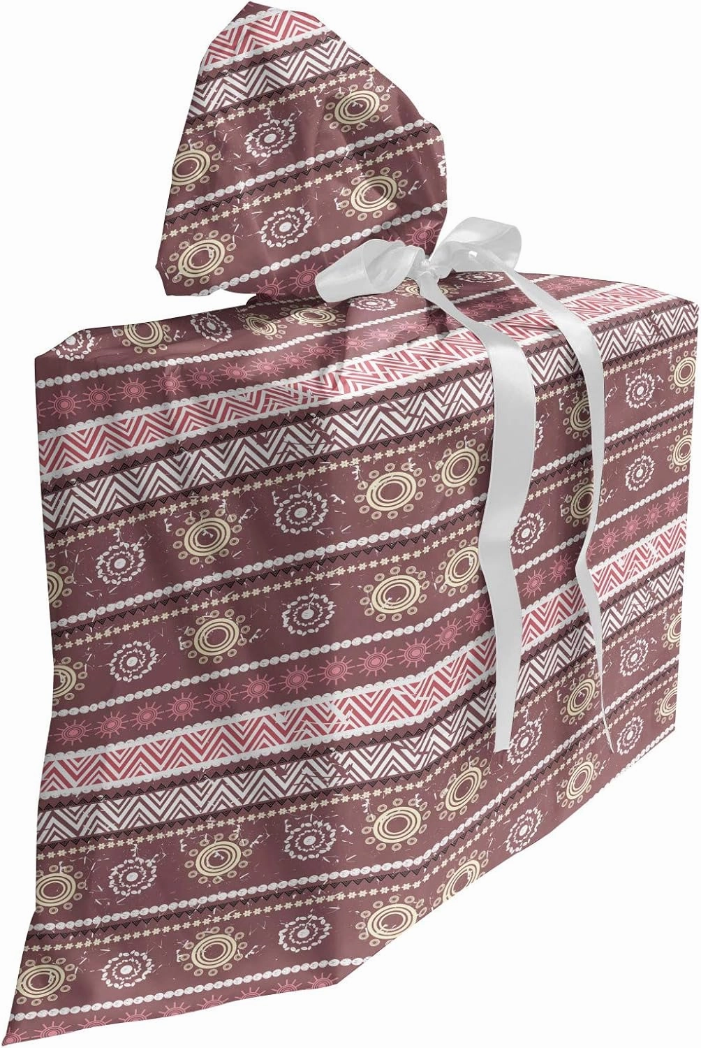 Ambesonne Zambia Fabric Gift Bag, Antique Traditional in Earthen Tones with Sun Boho Pattern, Present Sack for Parties Birthdays with 3 Ribbons, 27, Dried Rose Yellow