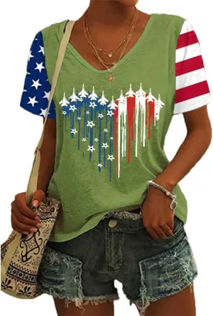 American Flag Fighter Jet Airplane Shirt 4th of July Plane Air Force Shirt Red White Blue Patriotic USA Flag Tops