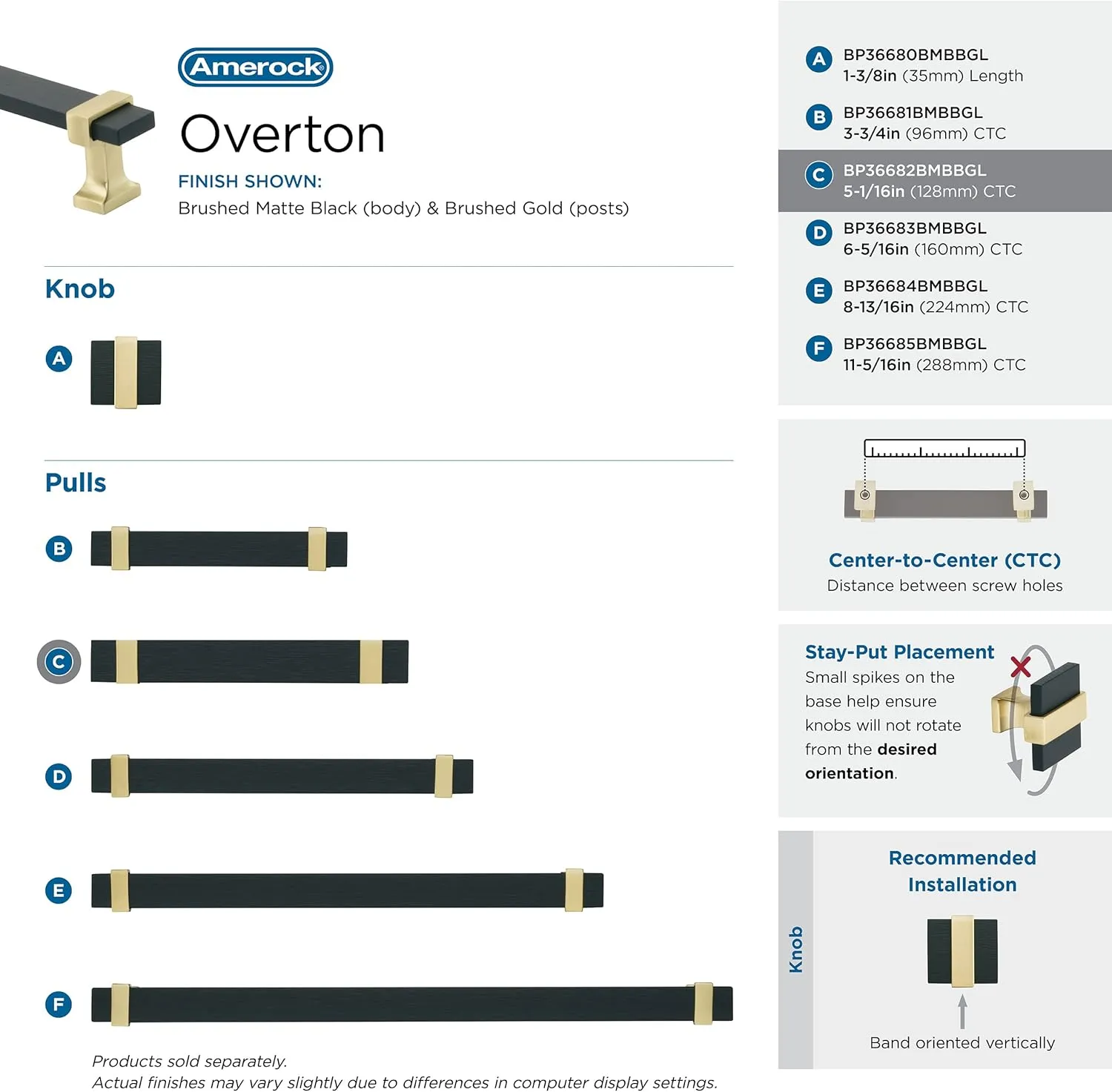 Amerock | Cabinet Pull | Brushed Matte Black/Brushed Gold | 5-1/16 inch (128 mm) Center to Center | Overton | 1 Pack | Drawer Pull | Drawer Handle | Cabinet Hardware