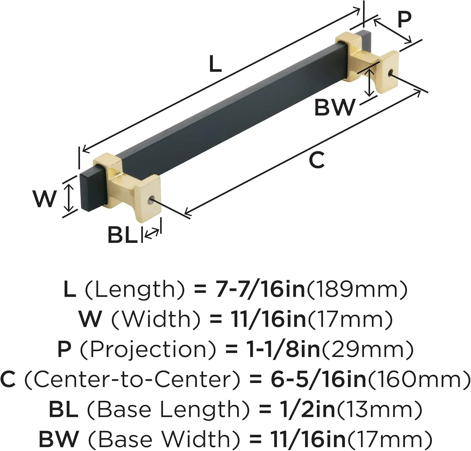Amerock | Cabinet Pull | Brushed Matte Black/Brushed Gold | 6-5/16 inch (160 mm) Center to Center | Overton | 1 Pack | Drawer Pull | Drawer Handle | Cabinet Hardware