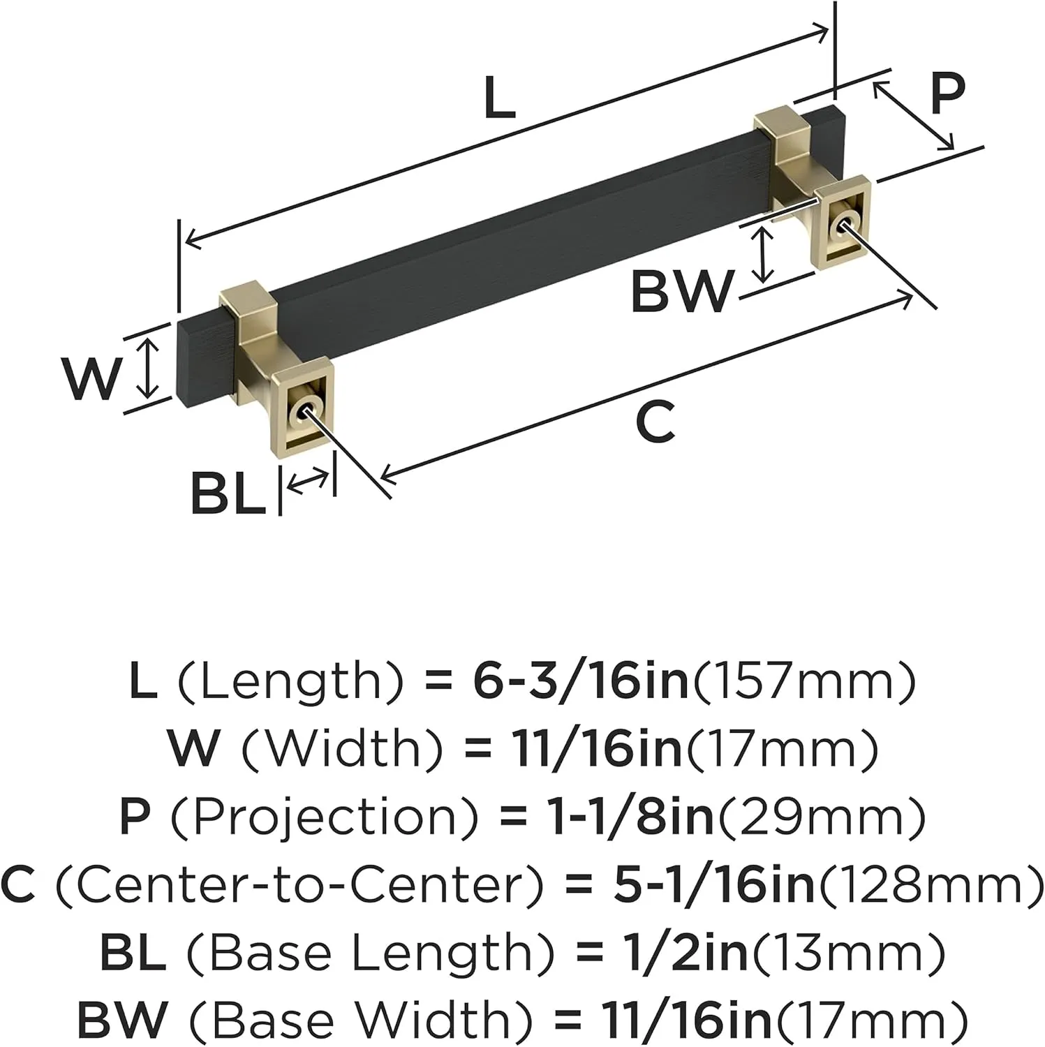 Amerock Overton 5-1/16 inch (128mm) Center-to-Center Brushed Matte Black/Golden Champagne Cabinet Pull, BP36682BMBBBZ