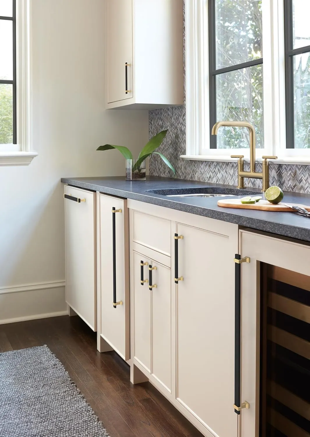 Amerock Overton 6-5/16 inch (160mm) Center-to-Center Brushed Matte Black/Champagne Bronze Cabinet Pull, BP36683BMBCZ