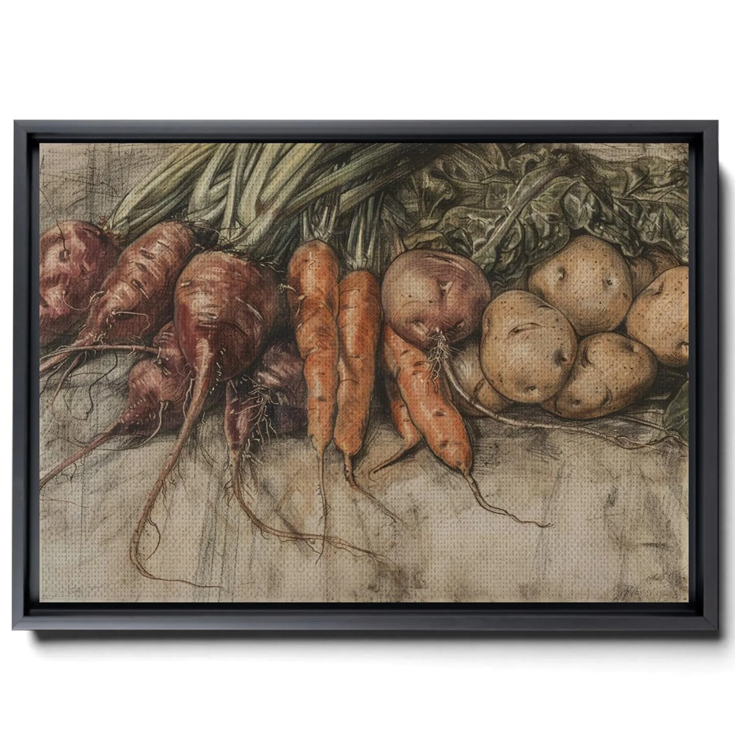 An Illustration Of Carrots, Potatoes And Radishes, In Dark Emerald And Light Beige Style, Lithograph, Realistic Depiction, Canvas