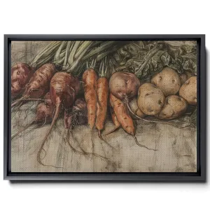 An Illustration Of Carrots, Potatoes And Radishes, In Dark Emerald And Light Beige Style, Lithograph, Realistic Depiction, Canvas