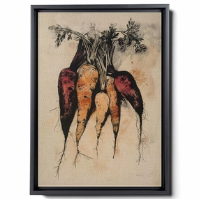 An Illustration Of Carrots, Potatoes And Radishes, In Dark Emerald And Light Beige Style, Lithograph, Realistic Depiction, Canvas Prints
