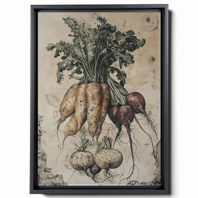 An Illustration Of Carrots, Potatoes And Radishes, In Dark Emerald And Light Beige Style, Lithograph, Realistic Depiction, Canvas