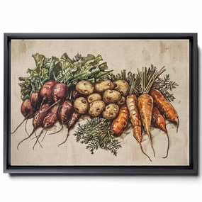 An Illustration Of Carrots, Potatoes And Radishes, In Dark Emerald And Light Beige Style, Lithograph, Realistic Depiction, Decor Canvas