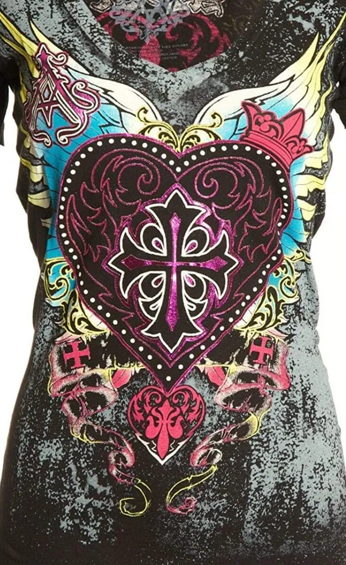 Archaic by Affliction Women's Gothic Heart T-Shirt, V-Neck Darling
