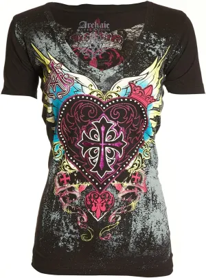 Archaic by Affliction Women's Gothic Heart T-Shirt, V-Neck Darling