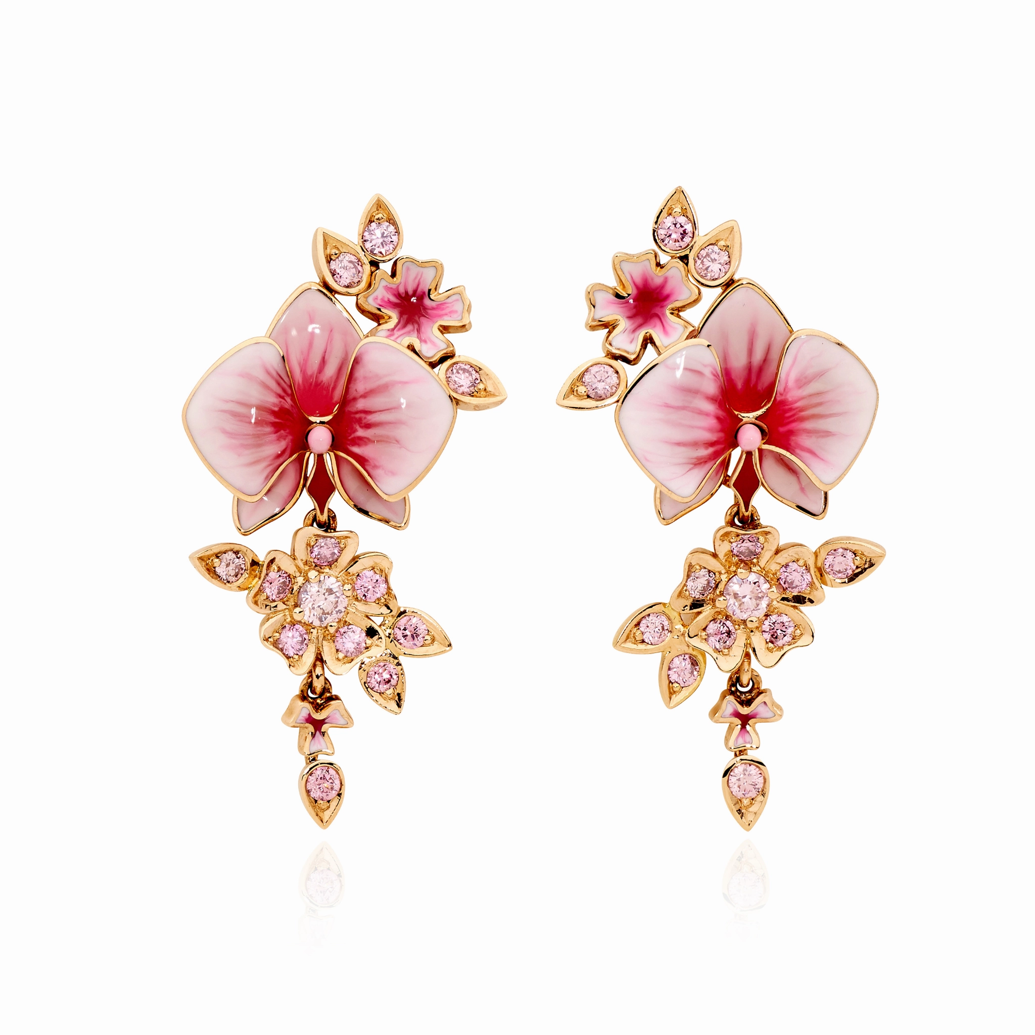 Argyle Pink Diamond & Enamel Orchid Flower Earrings
