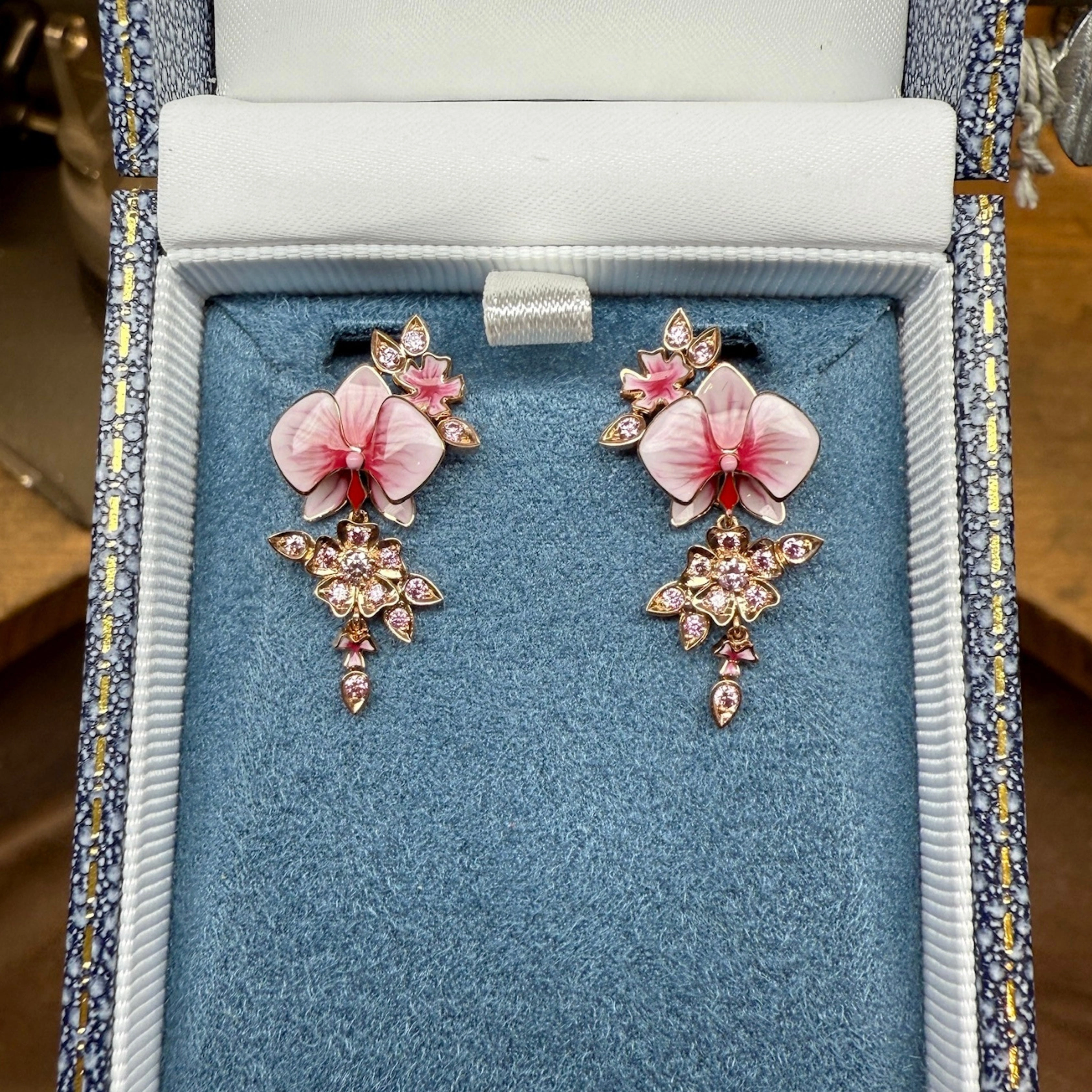 Argyle Pink Diamond & Enamel Orchid Flower Earrings