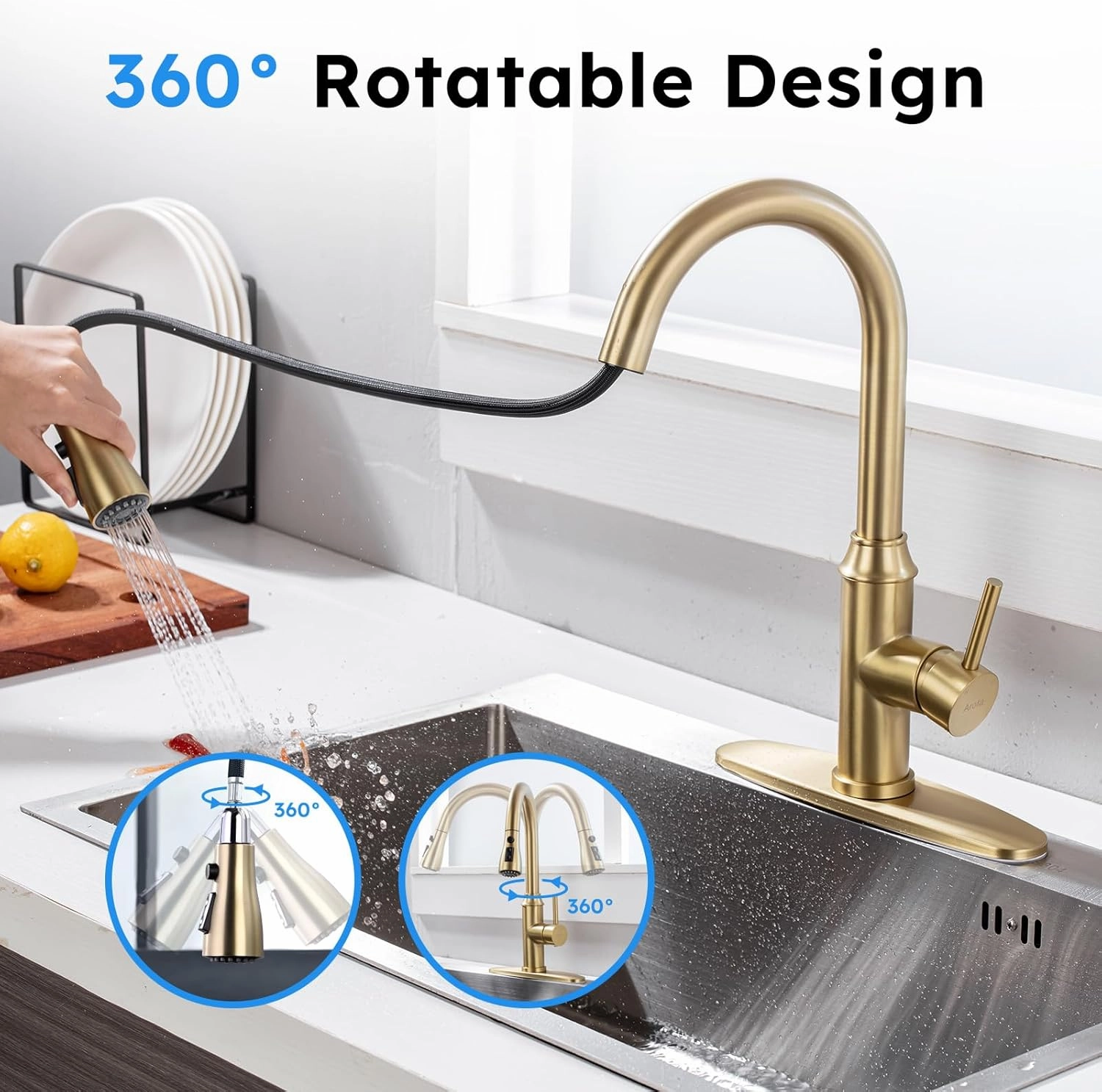 Arofa Gold Kitchen Faucet with Pull Down Sprayer, High Arc Single Handle Kitchen Sink Faucet 1 or 3 Hole, Stainless Steel Faucet for Kitchen Sink RV Farmhouse Bar Laundry, Brushed Gold