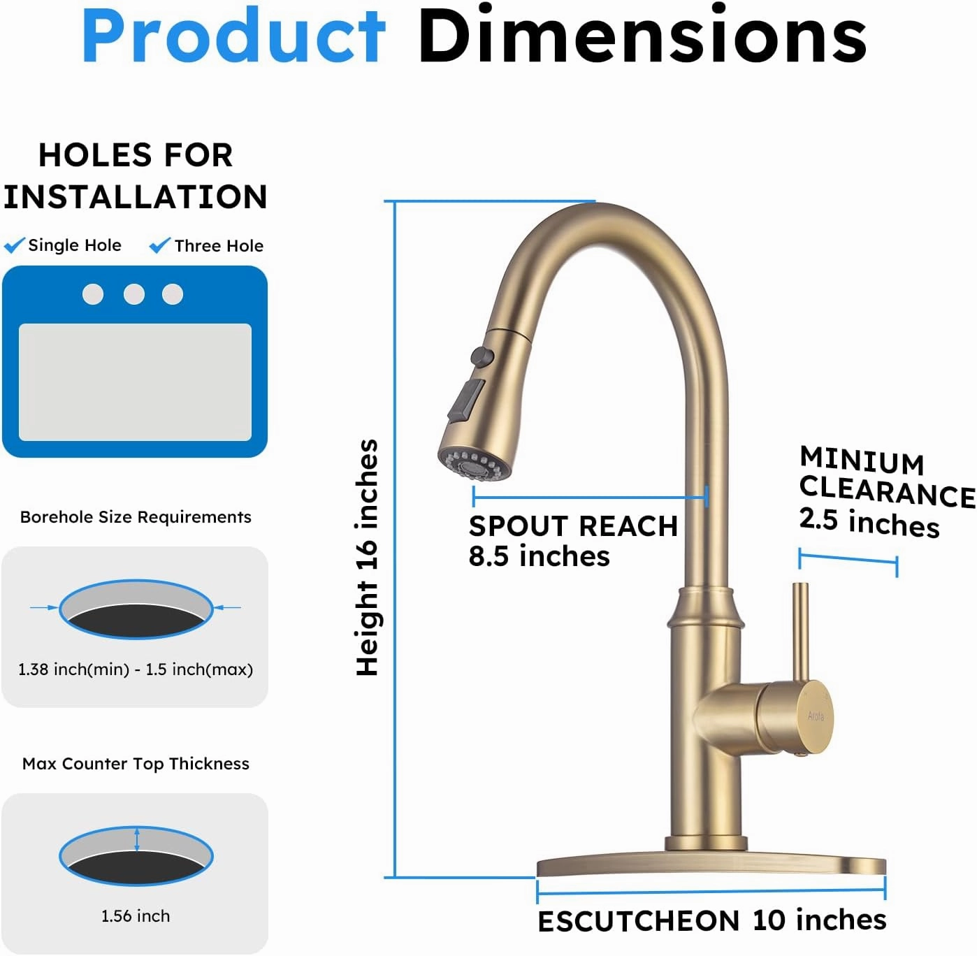 Arofa Gold Kitchen Faucet with Pull Down Sprayer, High Arc Single Handle Kitchen Sink Faucet 1 or 3 Hole, Stainless Steel Faucet for Kitchen Sink RV Farmhouse Bar Laundry, Brushed Gold